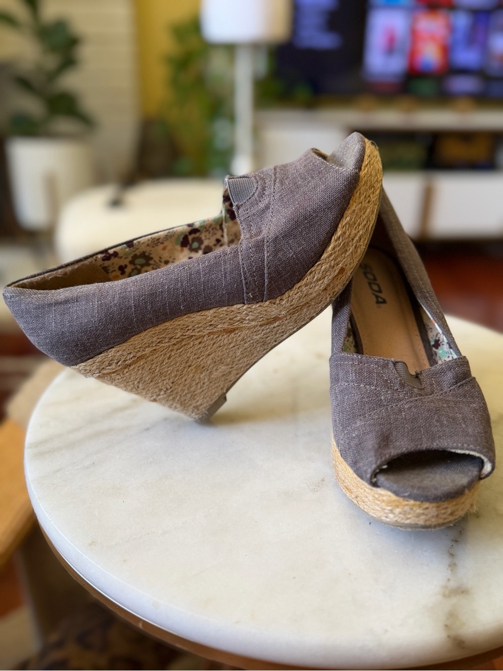 Soda Canvas Espadrille Wedge Peep-Toe Heels in Gray